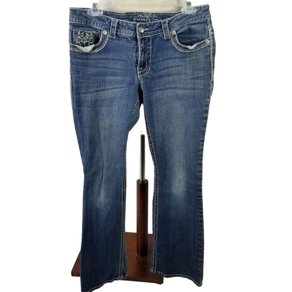Paisley Sky Blue Denim Bootcut Jeans Bling Flap Pockets Stretch 10